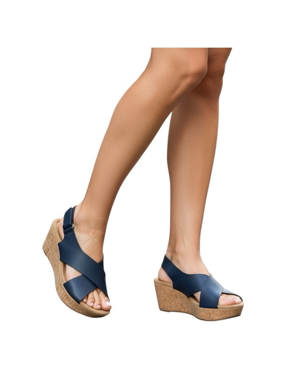 Jessica Cline Navy Blue Wedge Sandals Cork Platform Slingback Women's Size 8.5M